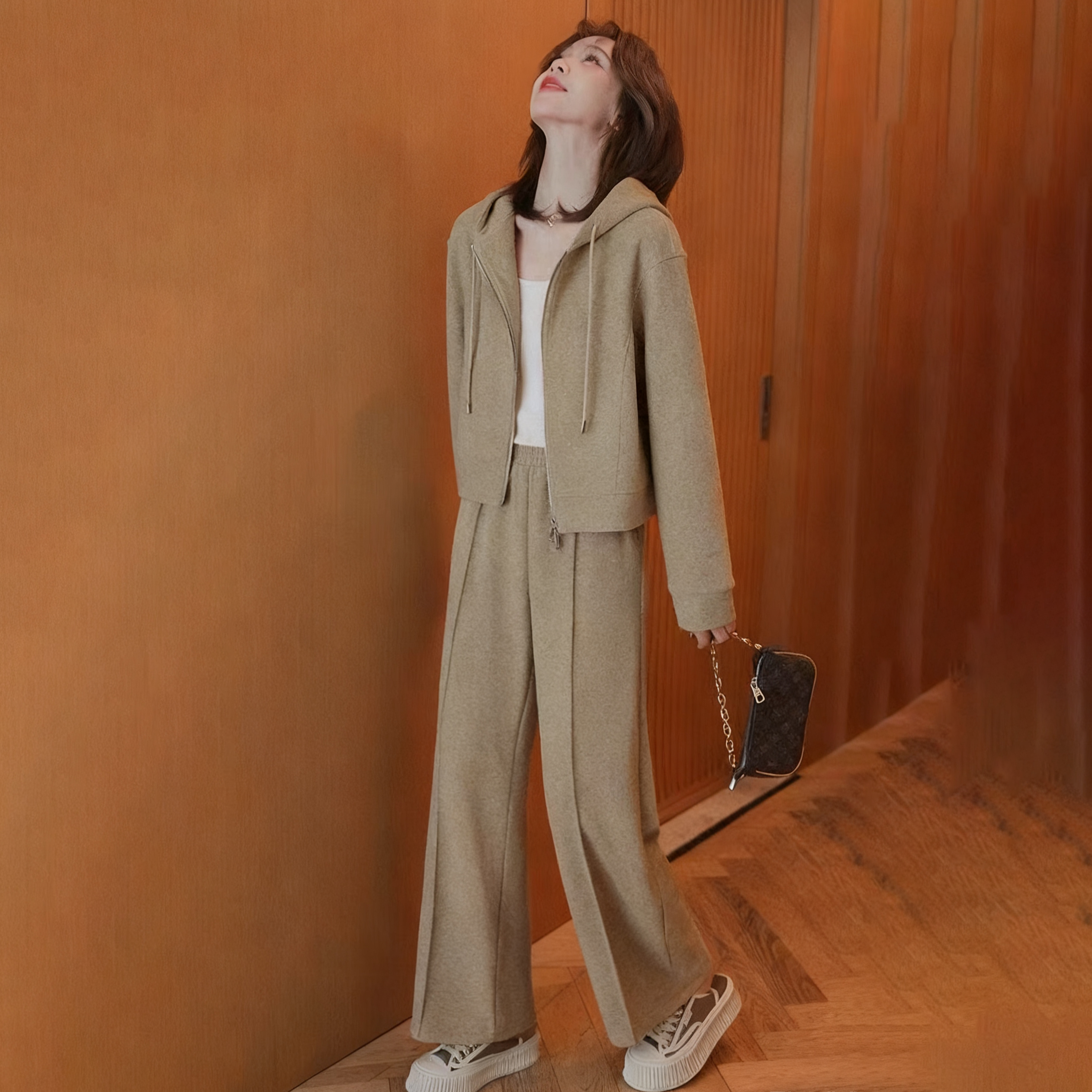 【單件/套裝】時尚連帽短版雙拉鏈外套+直筒休閒褲兩件套-Cicimode