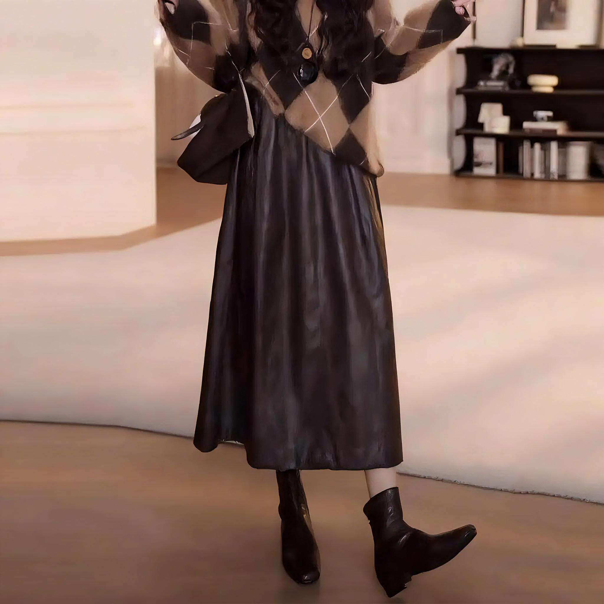 【單件/套裝】气质减龄時尚顯瘦針織毛衣+高腰半身皮裙兩件套-Cicimode