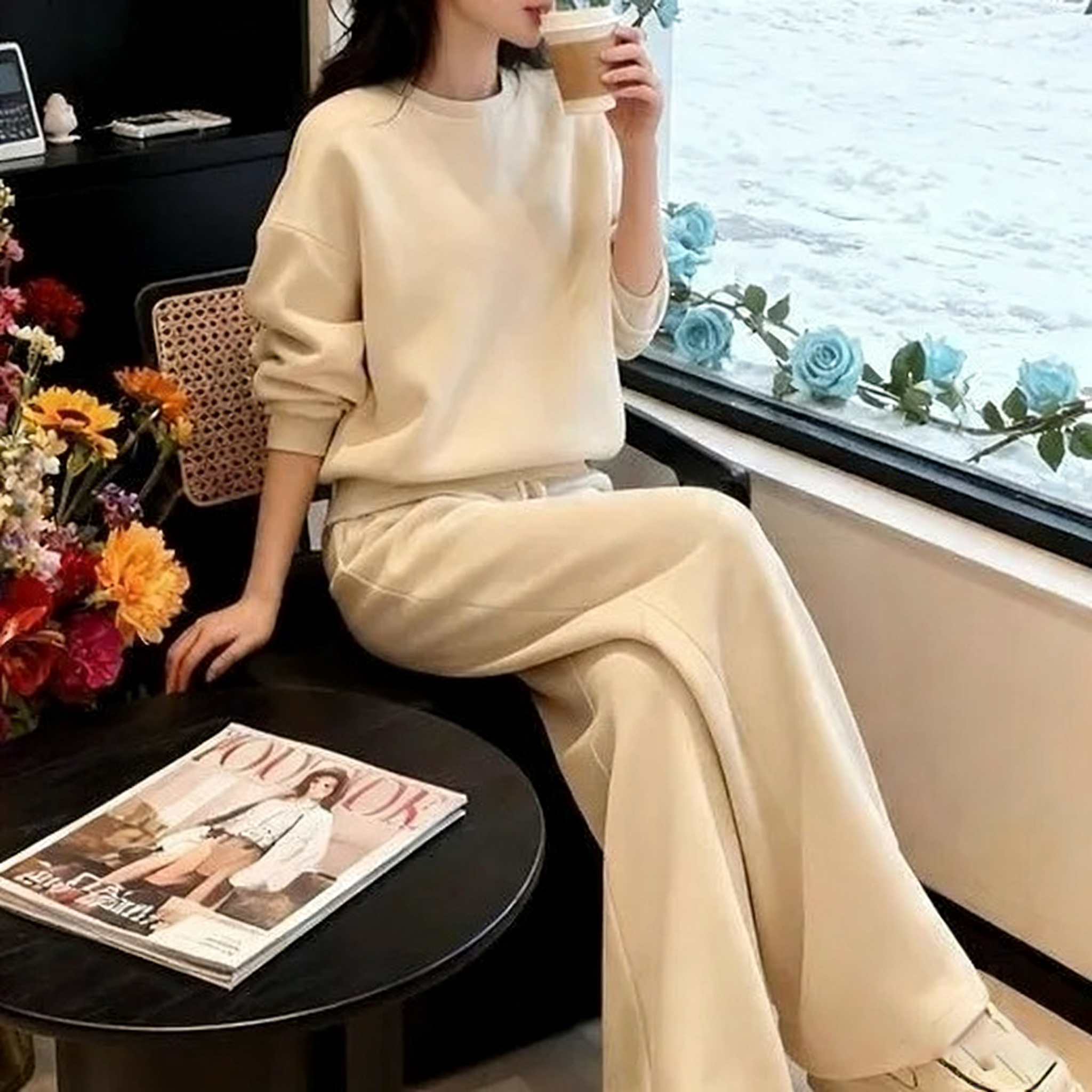 【整套】圓領時尚洋氣套頭長袖+運動休閒長褲兩件套-Cicimode