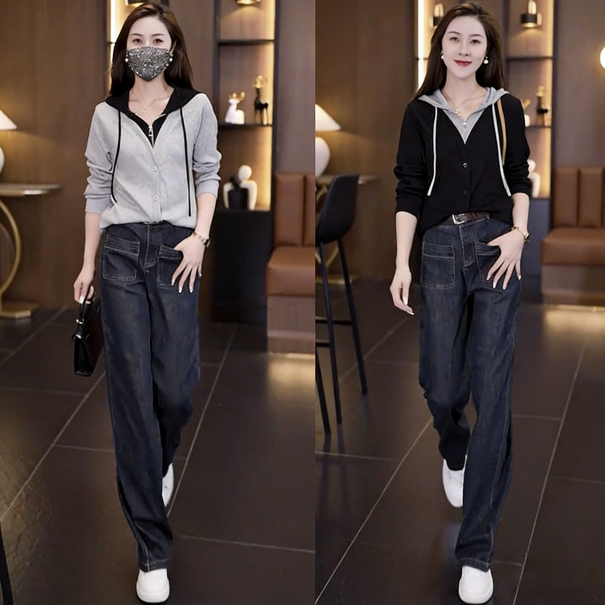 【單件/套裝】時尚高級假兩件連帽T+百搭休閒牛仔褲兩件套裝