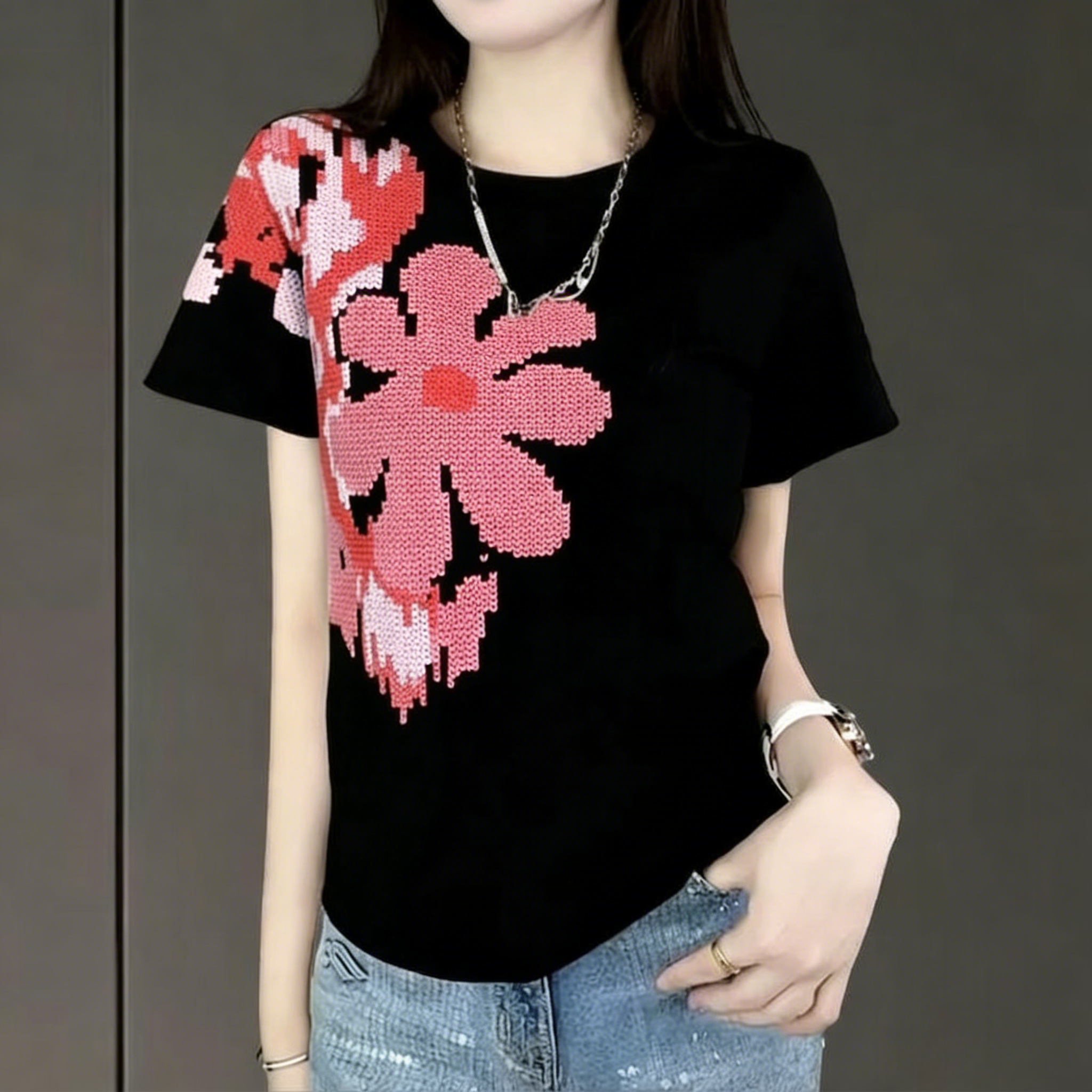 時尚休閒百搭重工修身顯瘦純棉短袖T恤