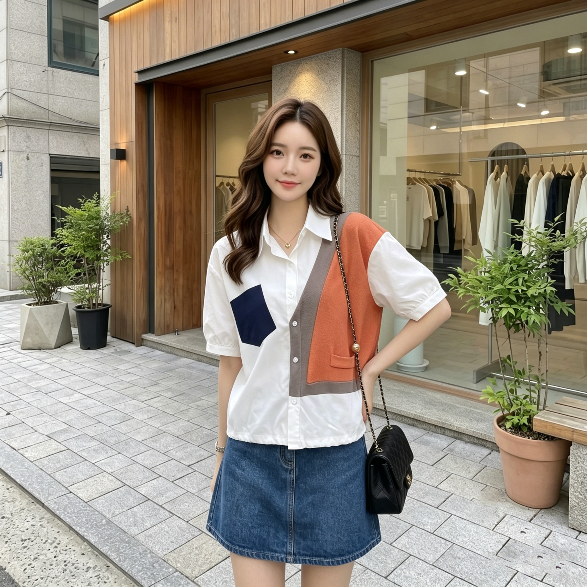 時尚獨特別緻設計感拼接短袖襯衫