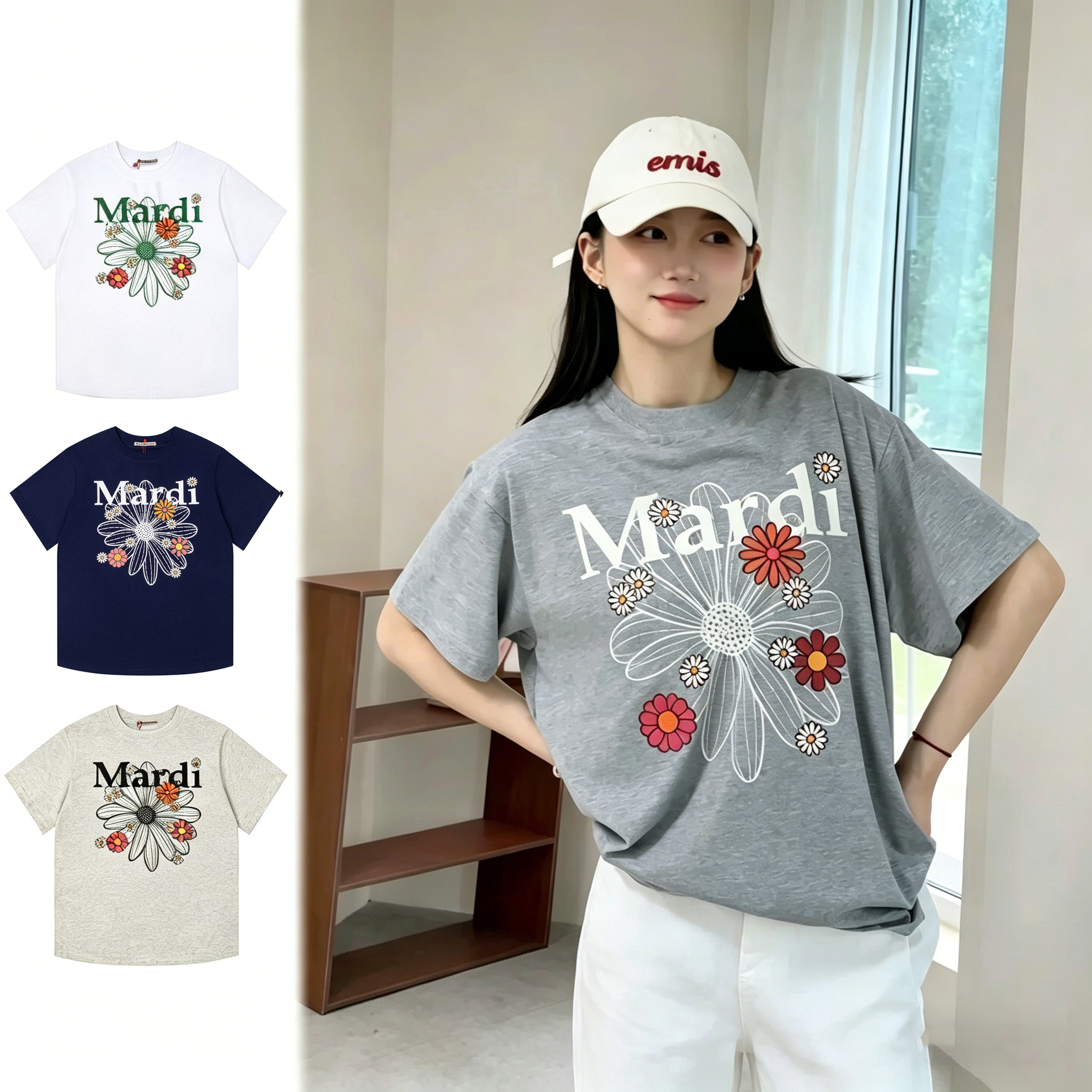 韓版經典植物花卉雛菊印花純棉寬鬆短袖T恤