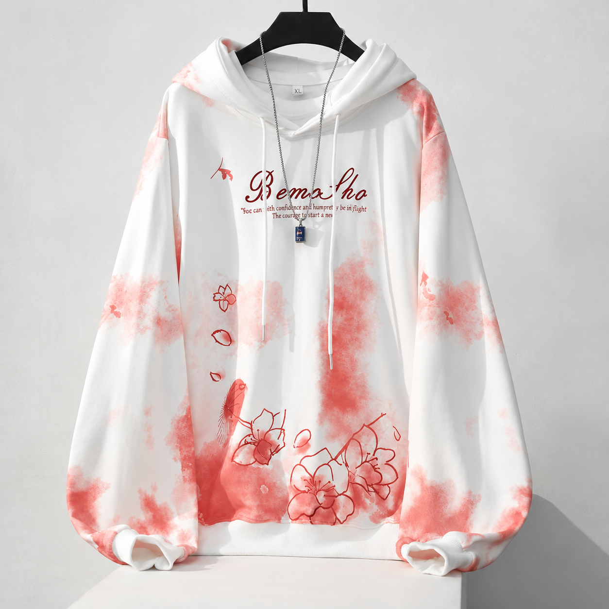 國潮漸變色櫻花刺繡連帽日系oversize帶帽衛衣