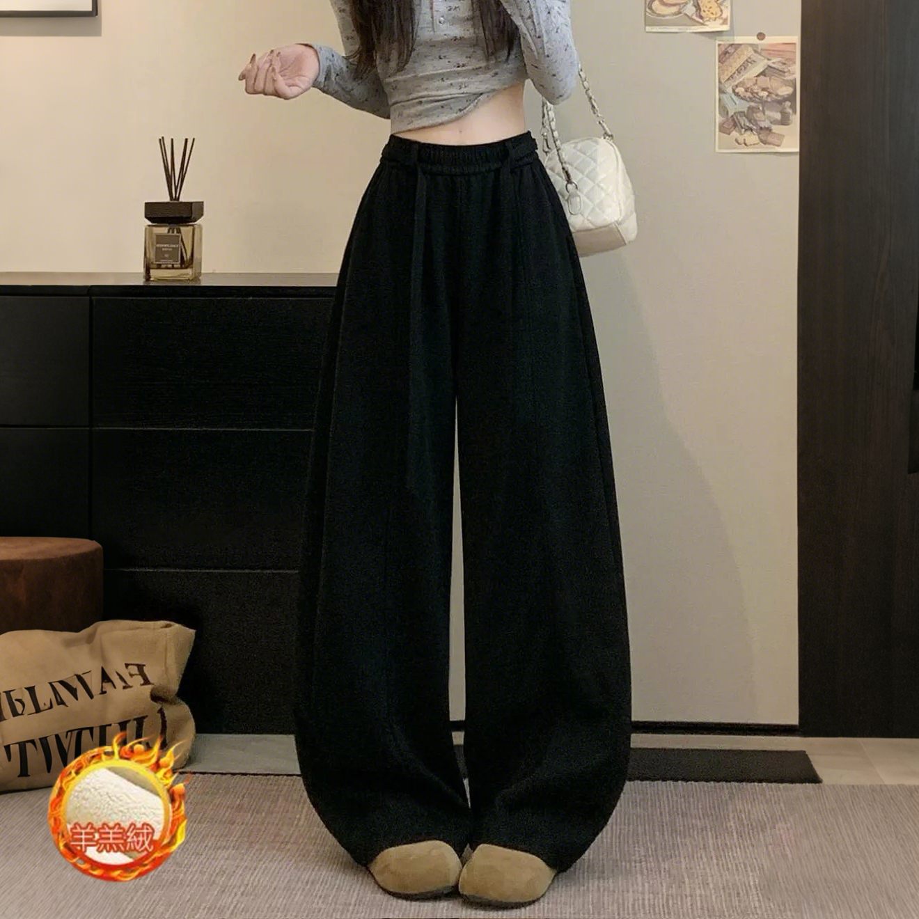 韓版刷毛鬆緊高腰休閒寬鬆垂感顯瘦闊腿褲-Cicimode