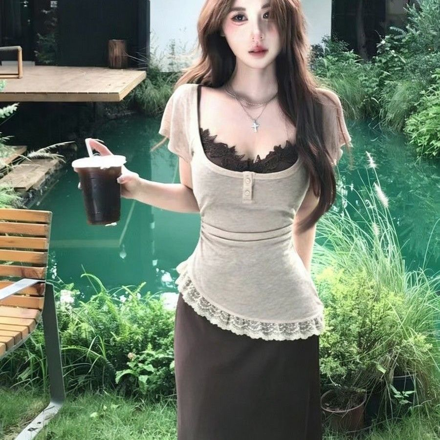 【單件/套裝】絕美巨好看掐腰顯瘦辣妹短袖冰絲罩衫+洋裝兩件套