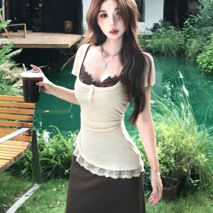 【單件/套裝】絕美巨好看掐腰顯瘦辣妹短袖冰絲罩衫+洋裝兩件套