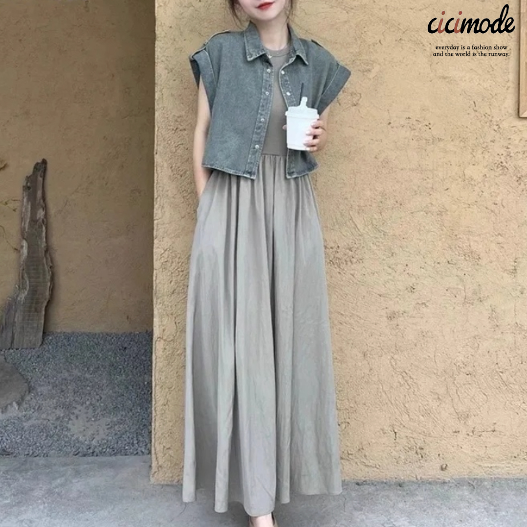 【單件/整套】法式輕熟風坎肩牛仔馬甲+背心連身裙兩件套裝-Cicimode