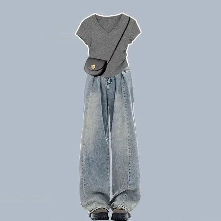 【套装】韓系甜酷V領短袖T恤 +美式復古高腰牛仔褲兩件套裝-Cicimode