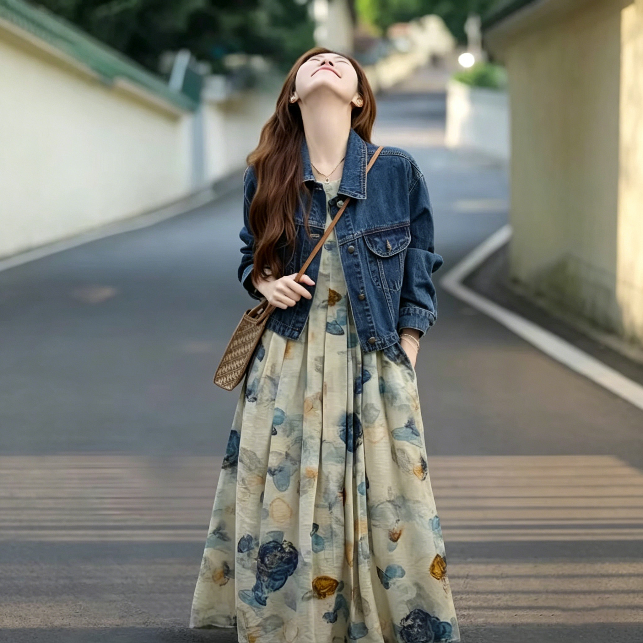 【單件/整套】寬鬆水墨畫復古文藝氣質連身裙+牛仔外套兩件套裝