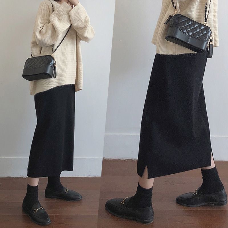 高腰直筒開叉中長款A字裙針織半身裙