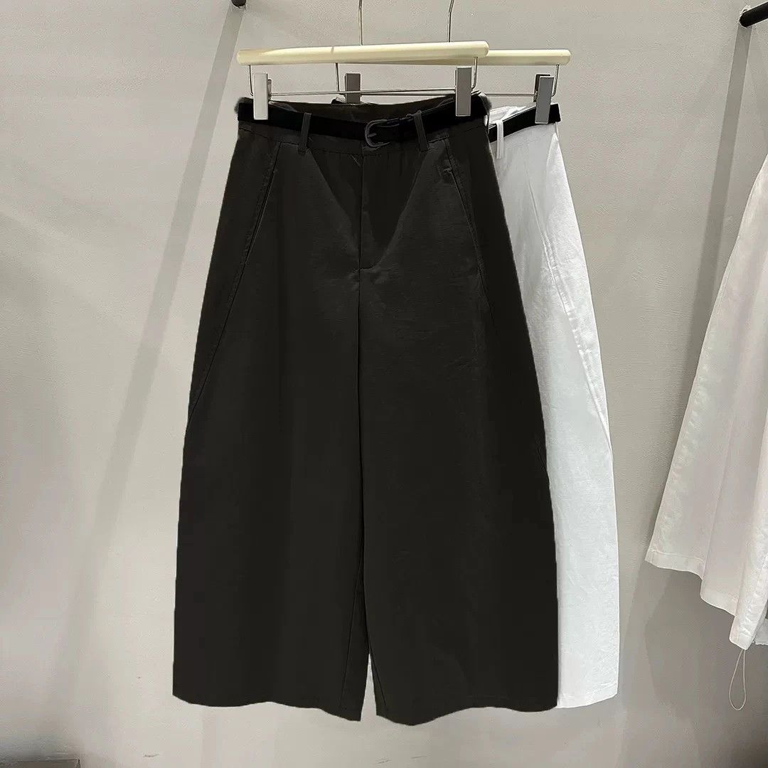 【配皮帶】韓版洋氣高腰顯瘦九分純棉闊腿彎刀褲