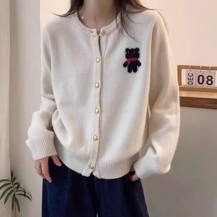 韓版百搭圓領紅色毛衣外套小熊針織開衫