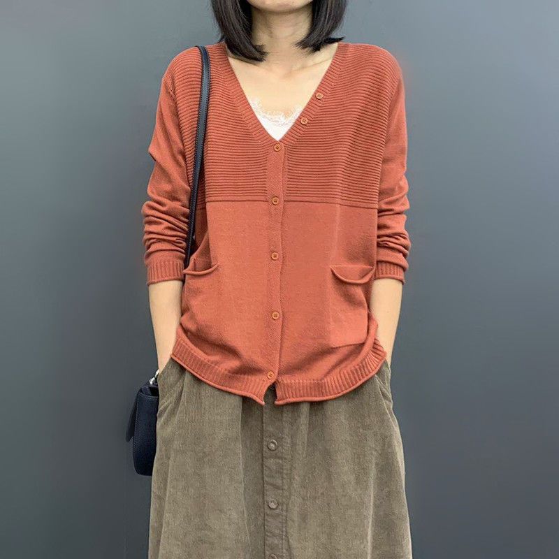 寬鬆顯瘦文藝純色長袖薄款針織開衫-Cicimode