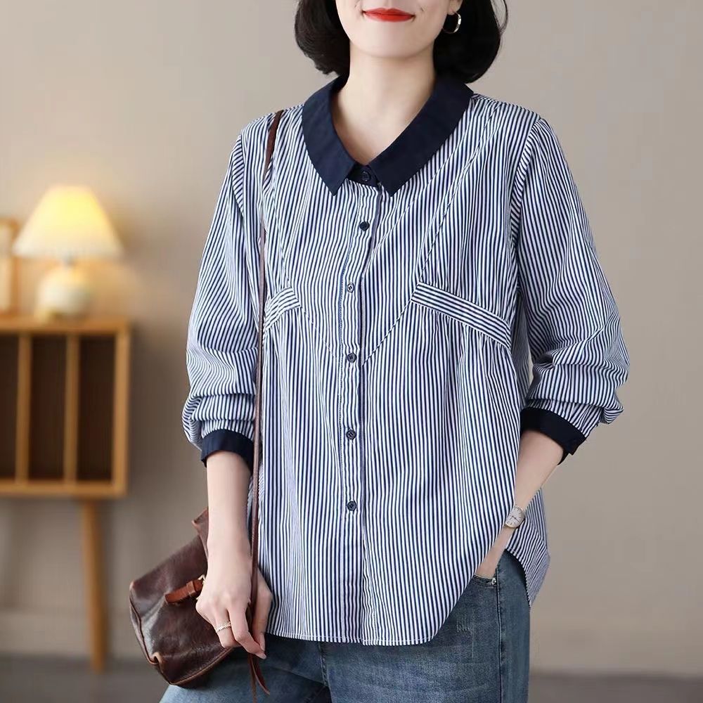 條紋百搭娃娃領長袖顯瘦襯衫-Cicimode