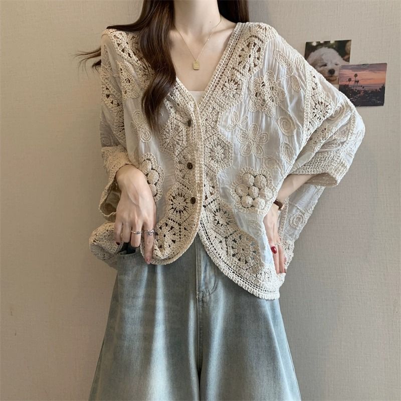 波西米亞風鉤花鏤空V領大碼防曬開衫襯衫-Cicimode