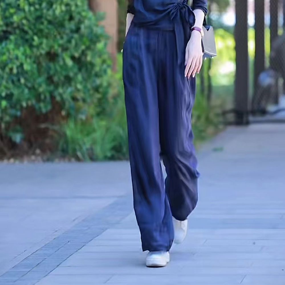 【單件/套裝】棉麻時尚減齡設計感V領襯衫+百搭高腰闊腿褲裝兩件套套裝