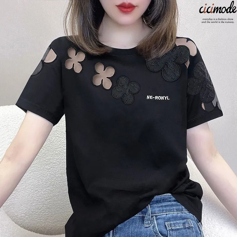 純棉設計感繡花小眾圓領鏤空寬鬆短袖t恤