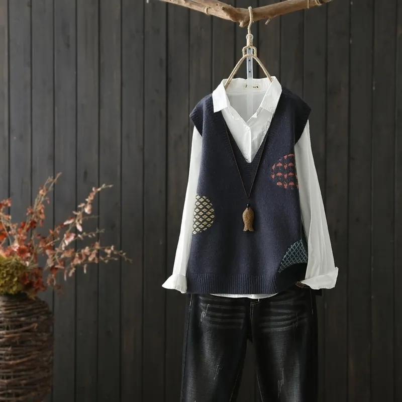 文藝范V領提花背心百搭坎肩套頭針織馬甲