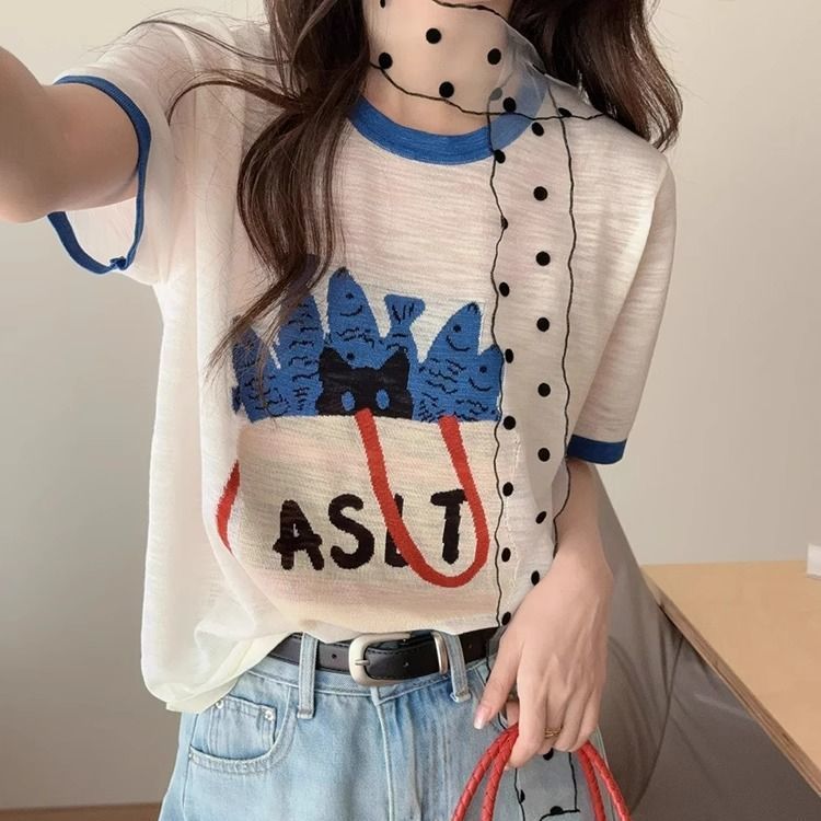 竹節棉設計感可愛印花多巴胺圓領短袖