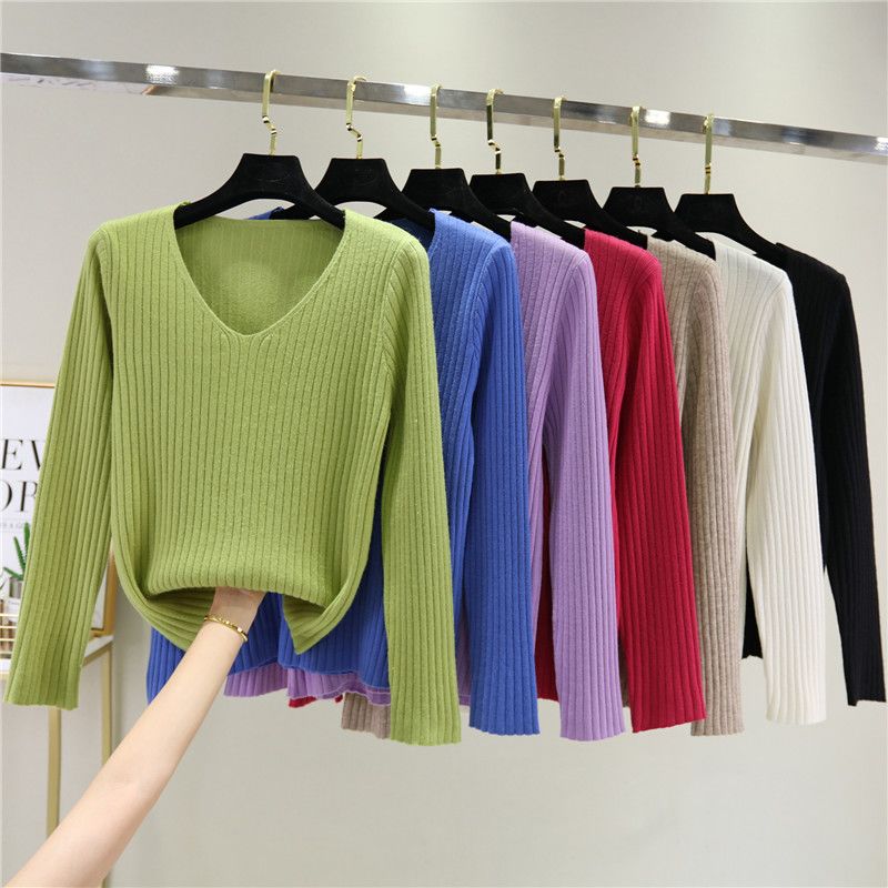 7色V領長袖打底內搭寬鬆素色針織衫-Cicimode