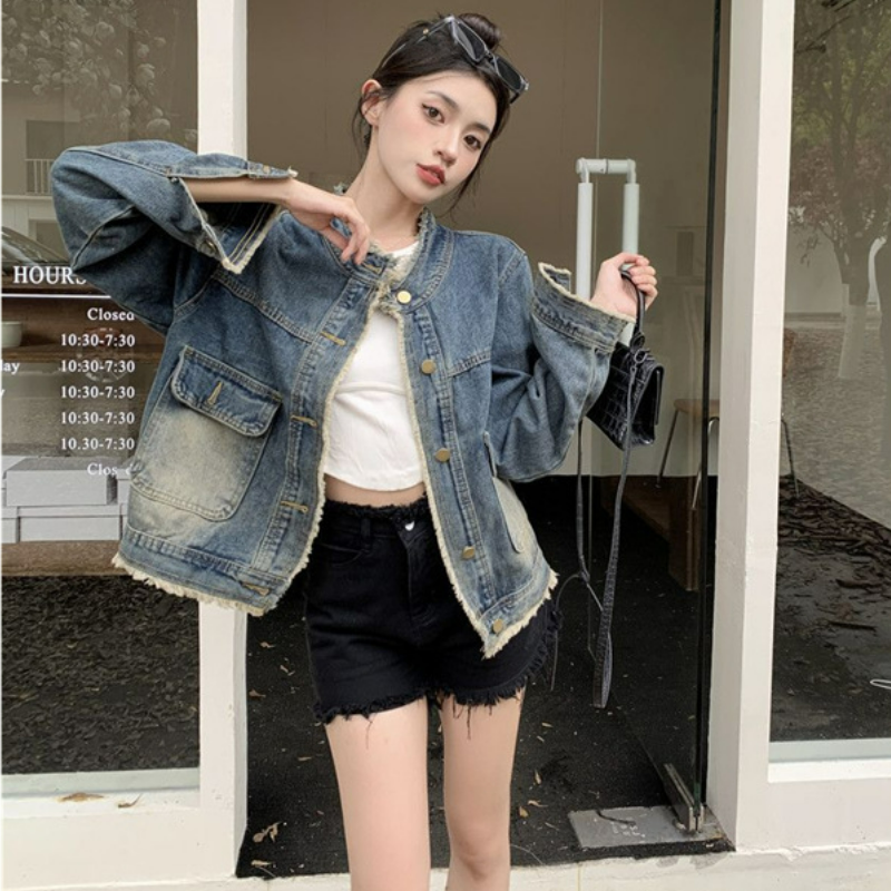 寬鬆顯瘦設計港風復古毛邊夾克水洗牛仔外套