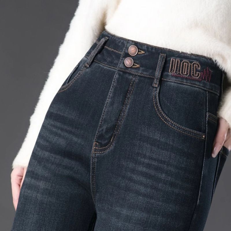 高腰顯瘦微喇刷毛加厚寬鬆休閒牛仔褲-Cicimode