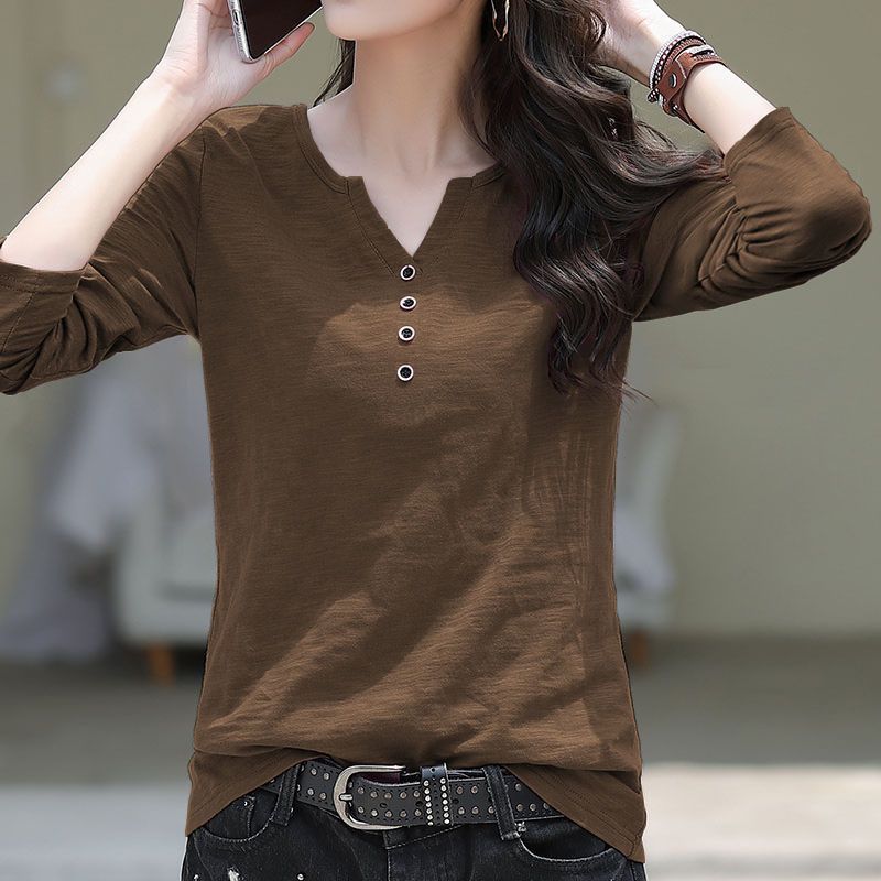 【全六色】寬鬆百搭V領上衣打底衫潮竹節棉長袖