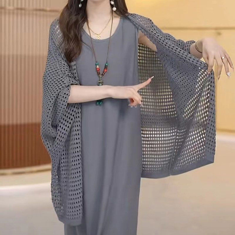 氣質名媛夕陽紅色V領寬鬆針織衫度假中長款開衫