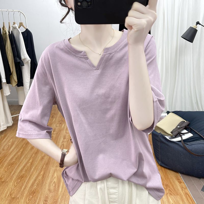 時尚減齡純棉設計感小V領寬鬆短袖T恤-Cicimode