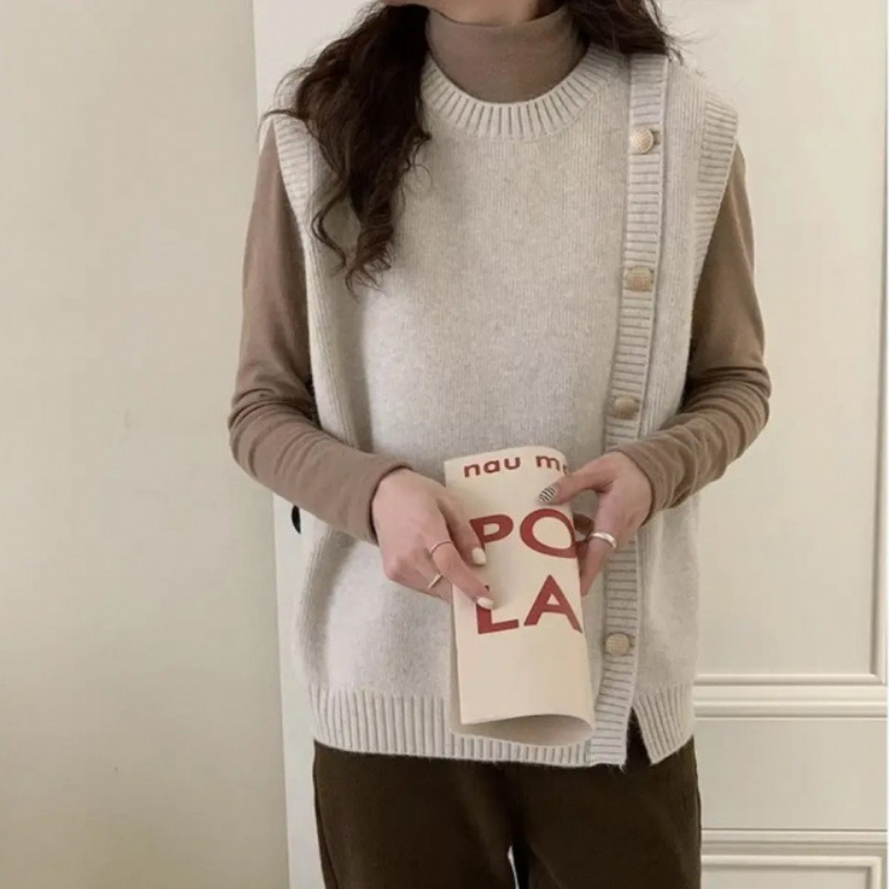 疊穿背心氣質設計感慵懶風側邊金扣針織馬甲