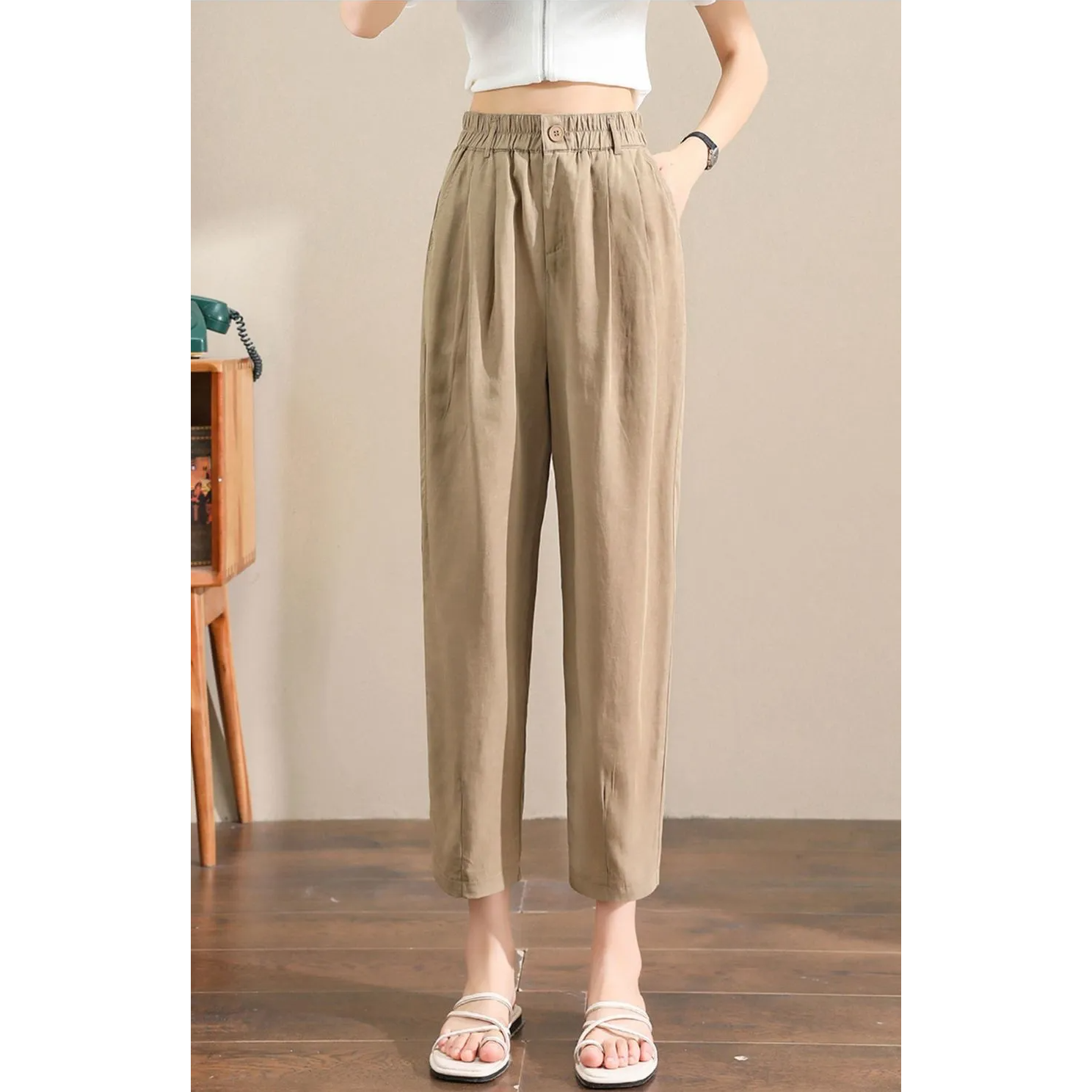 天絲棉麻薄款顯瘦遮肉透氣哈倫九分褲-Cicimode