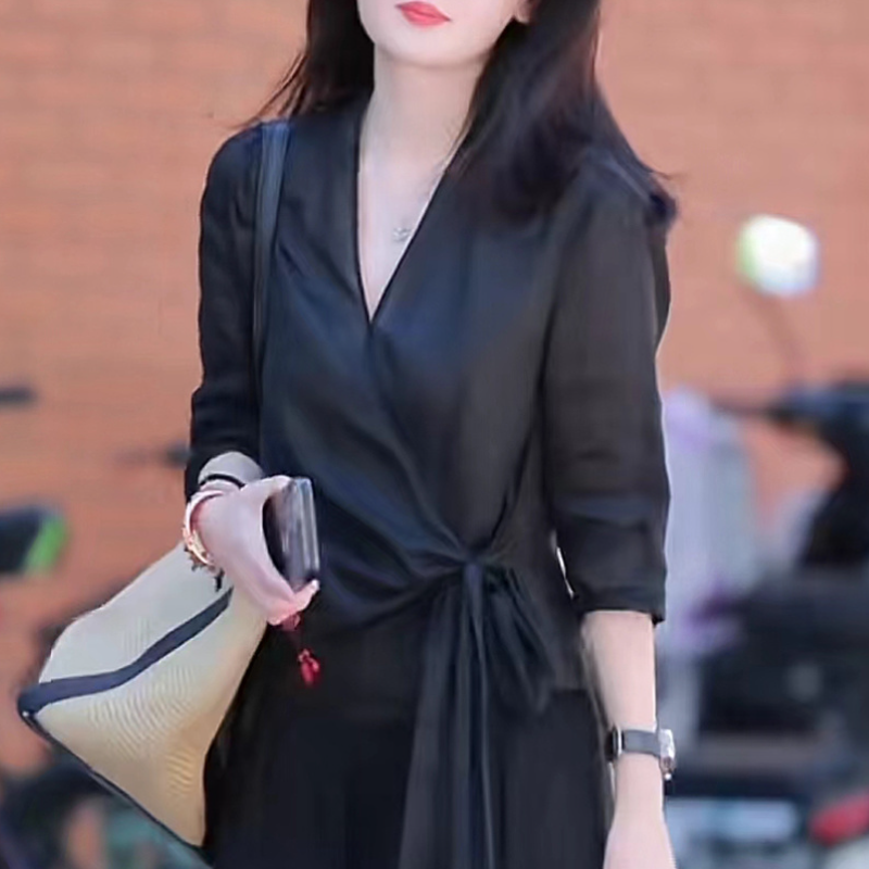 【單件/套裝】棉麻時尚減齡設計感V領襯衫+百搭高腰闊腿褲裝兩件套套裝