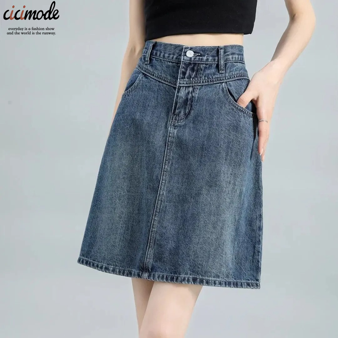 美式復古高腰梨形顯瘦牛仔半身裙-Cicimode