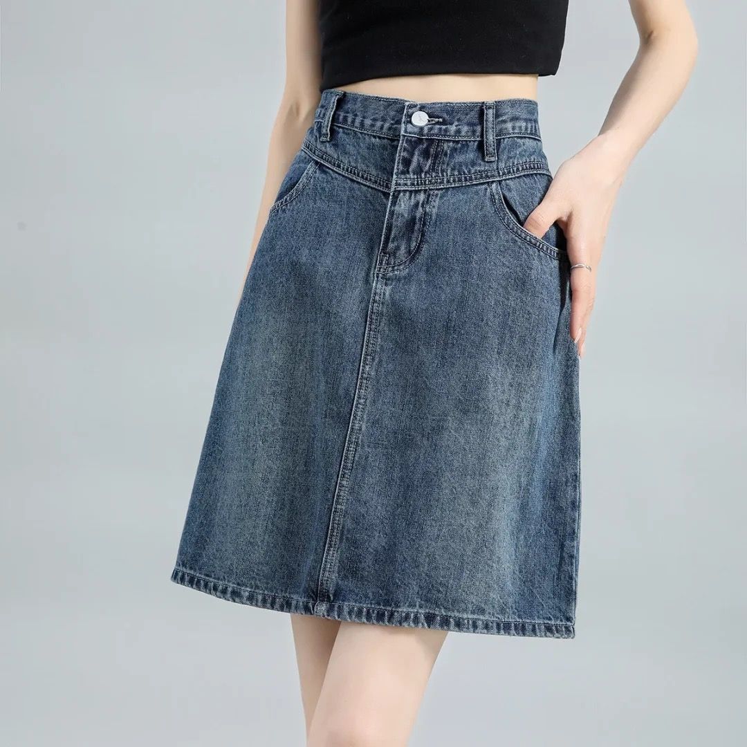 美式復古高腰梨形顯瘦牛仔半身裙-Cicimode