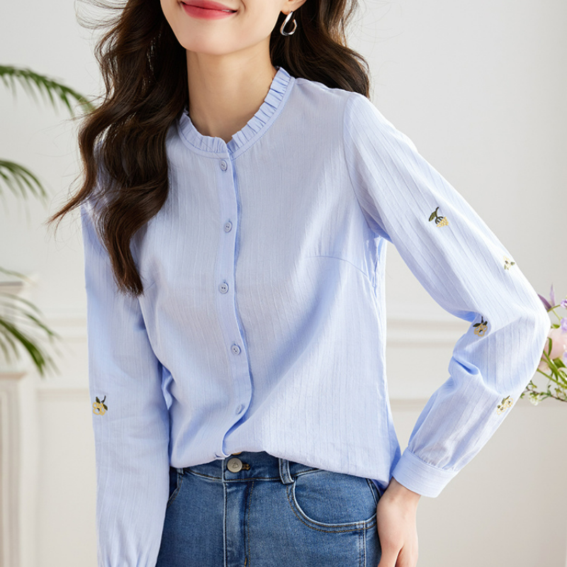 法式木耳邊立領氣質刺繡長袖襯衫-Cicimode