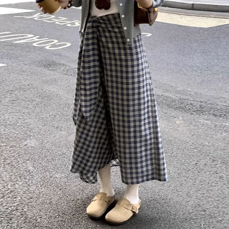 【單件/套裝】法式灰色長袖針織開衫+白色吊帶+氣質格子綁帶半身裙三件套-Cicimode