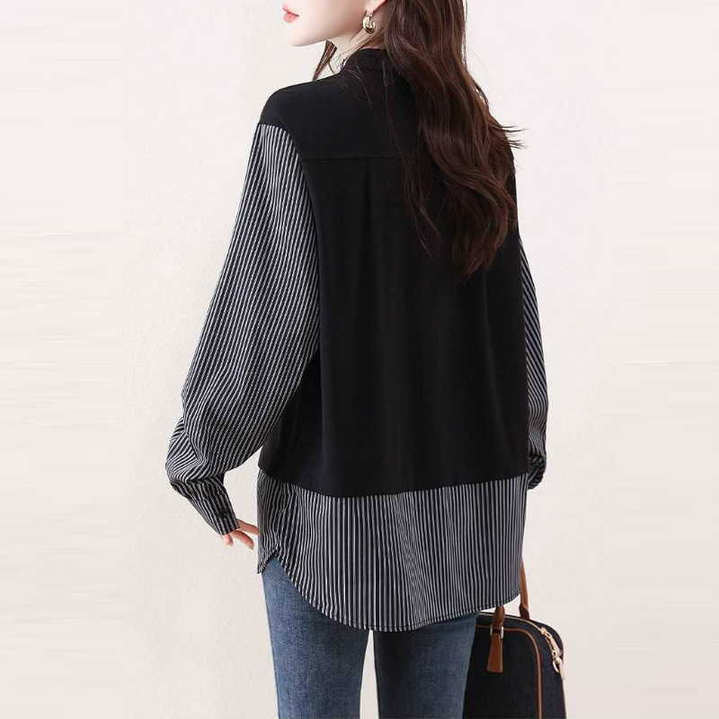時尚洋氣高檔條紋拼接寬鬆遮肉假兩件襯衫-Cicimode