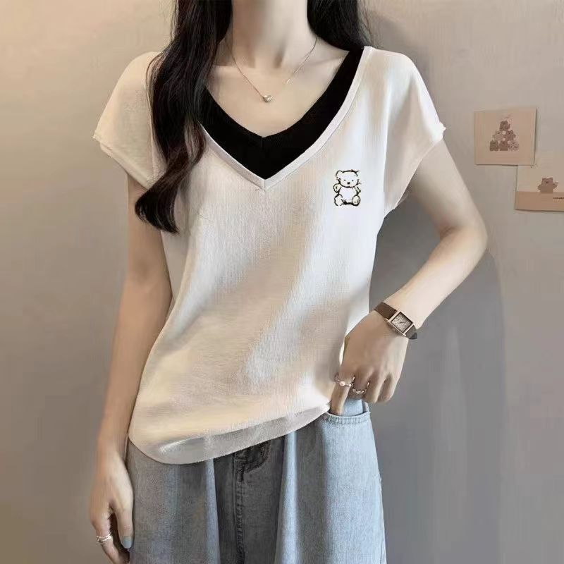 純棉多款式洋氣寬鬆大碼顯瘦V領假兩件短袖T恤-Cicimode