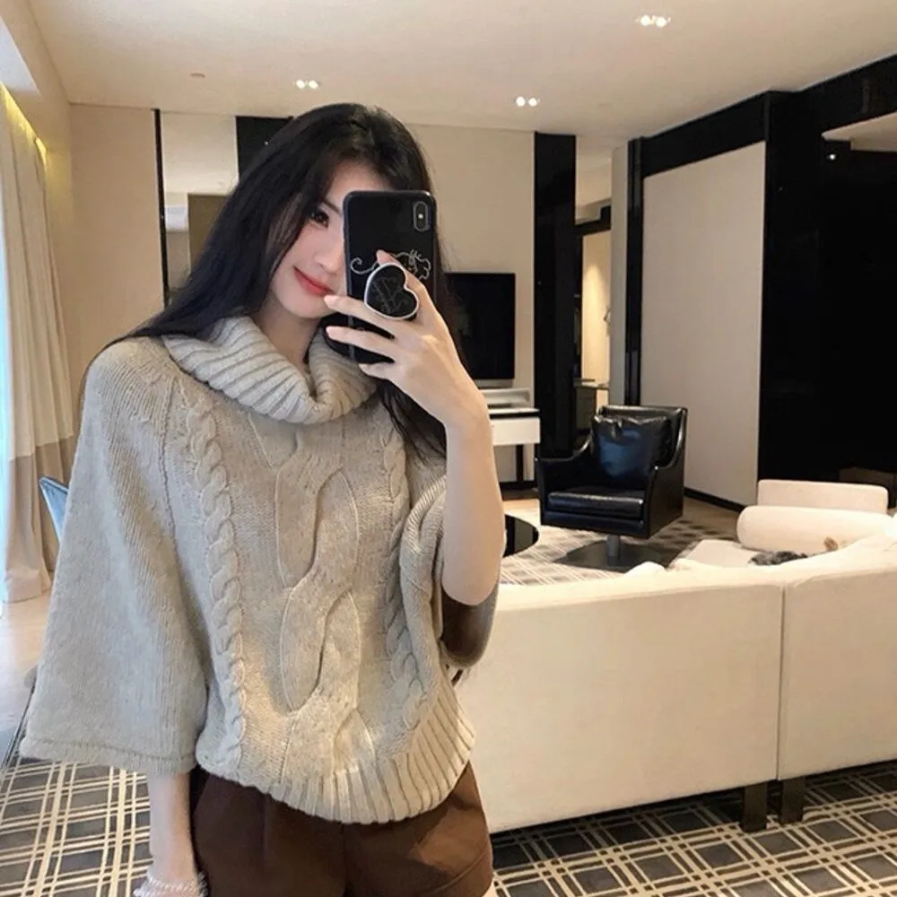 麻花斗篷氛圍針織衫復古寬鬆中袖高領毛衣-Cicimode