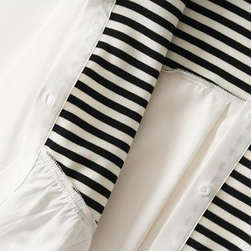 特大碼寬鬆POLO領針織拼接休閒中長版長袖襯衫