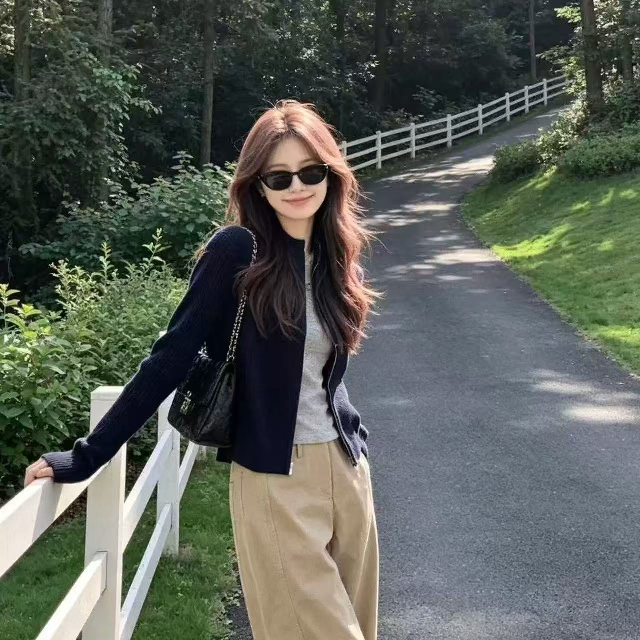 佑詩老錢風立領簡約短款氣質顯瘦拉鏈針織外套