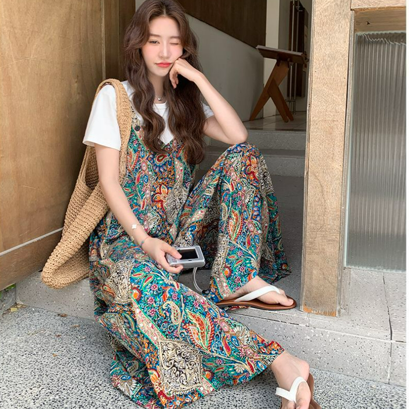 【單件/套裝】法式復古波西米亞風闊腿背帶連體褲+短袖兩件套裝-Cicimode