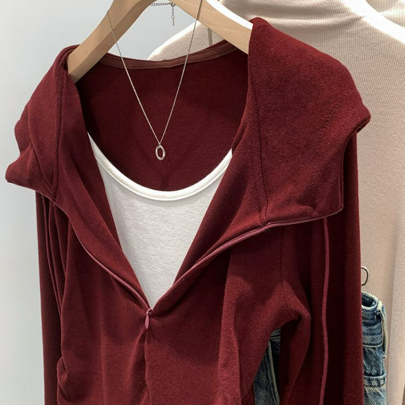 美式辣妹假兩件抽褶顯瘦連帽長袖t恤