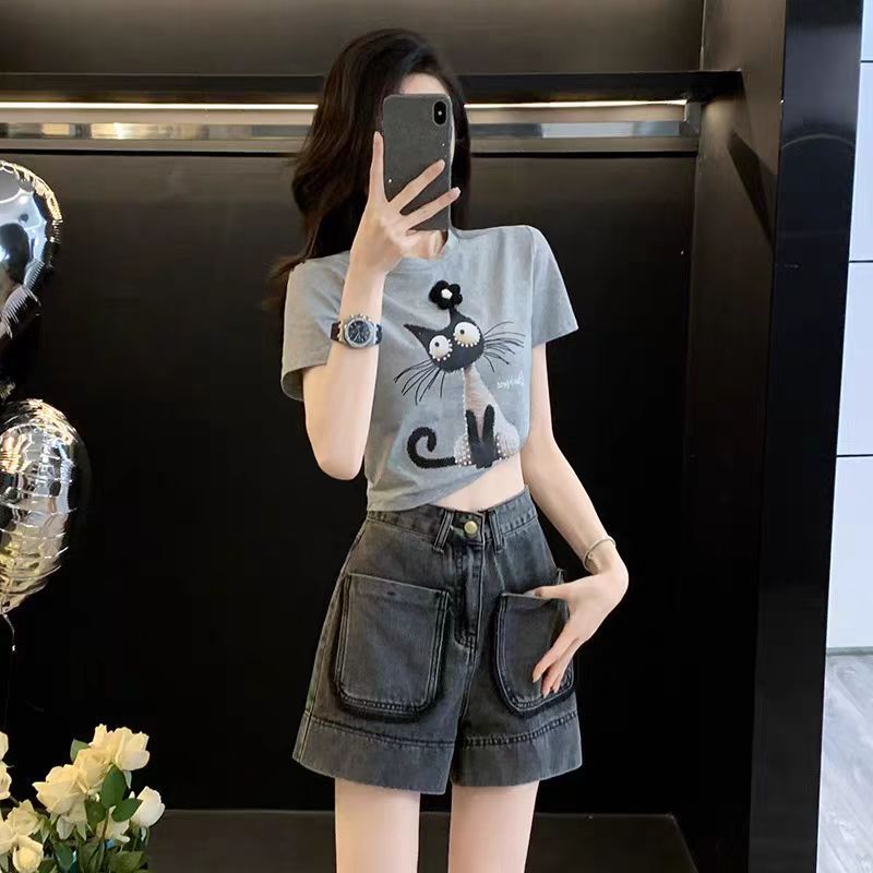 【單件/套裝】復古減齡休閒運動風T恤+牛仔短褲兩件套裝