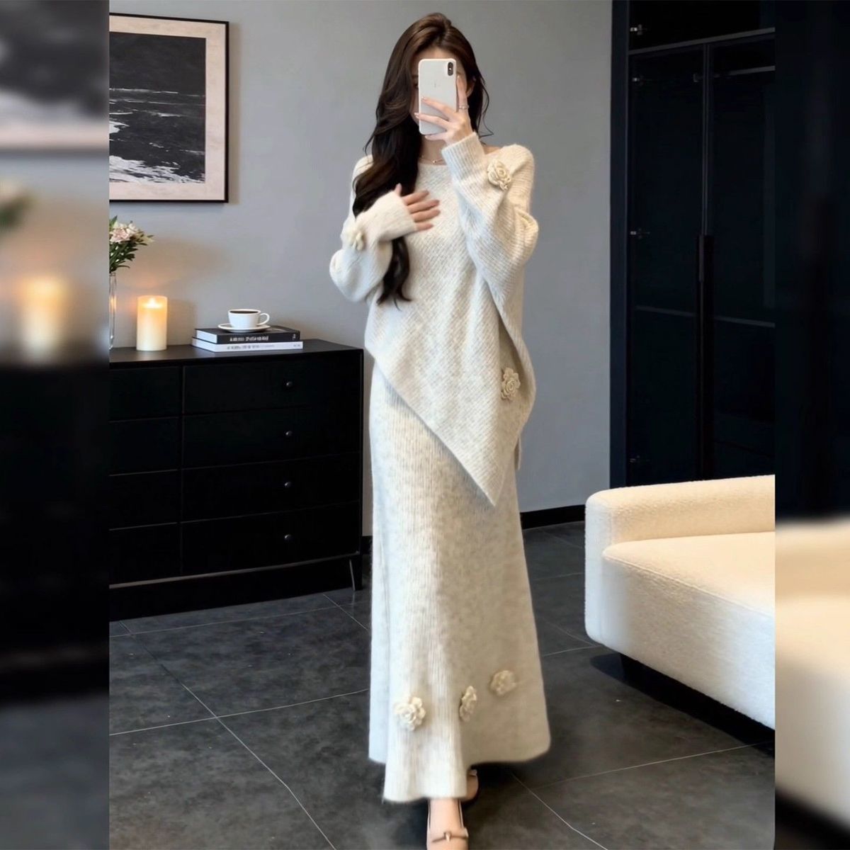 【整套】韓系溫柔風時尚氣質針織毛衣+高腰半身裙兩件套裝