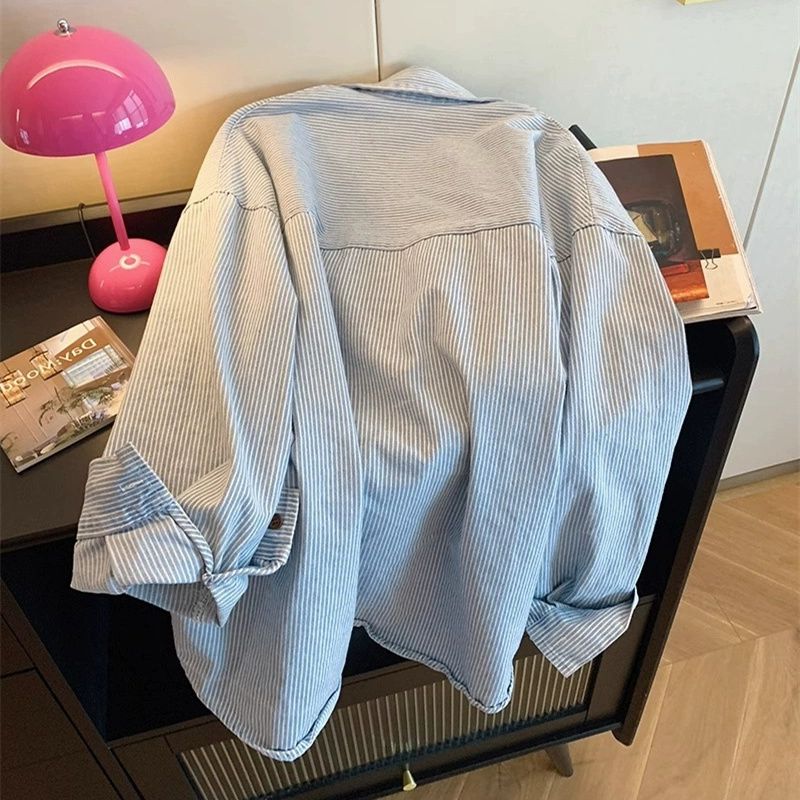 復古簡約條紋oversize寬鬆百搭POLO領襯衫