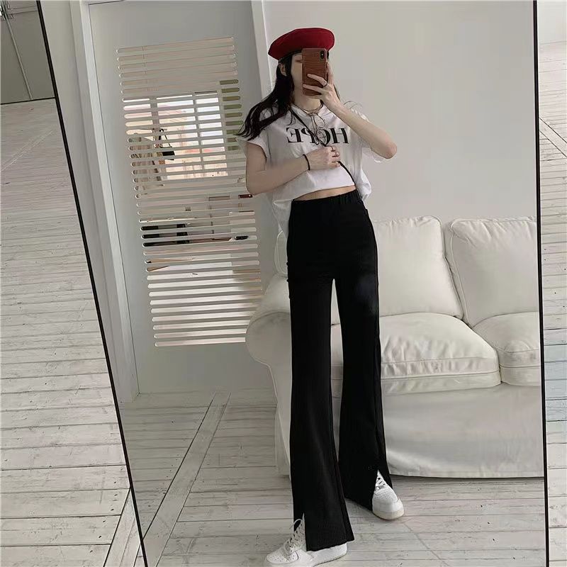 前開衩闊腿褲女春夏新款高腰垂感直筒拖地長褲小個子休閒九分褲潮