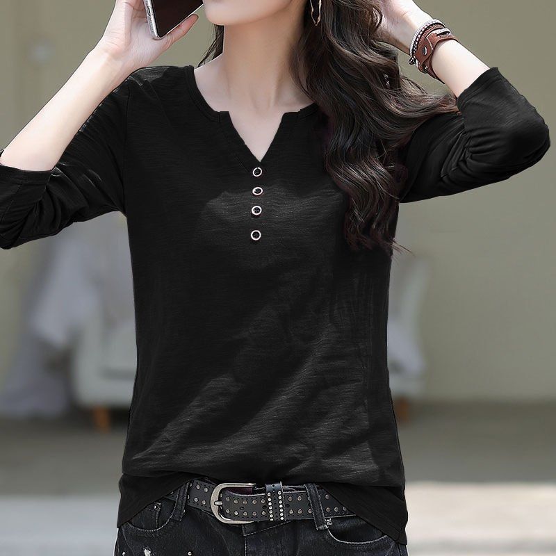 【全六色】寬鬆百搭V領上衣打底衫潮竹節棉長袖