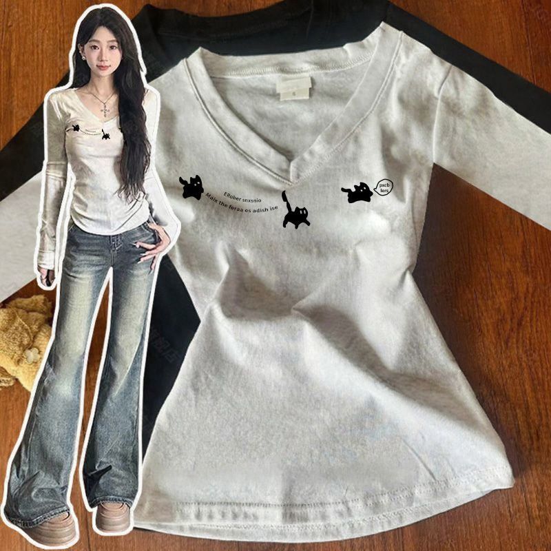 潮流字母印花修身顯瘦v領長袖T恤-Cicimode